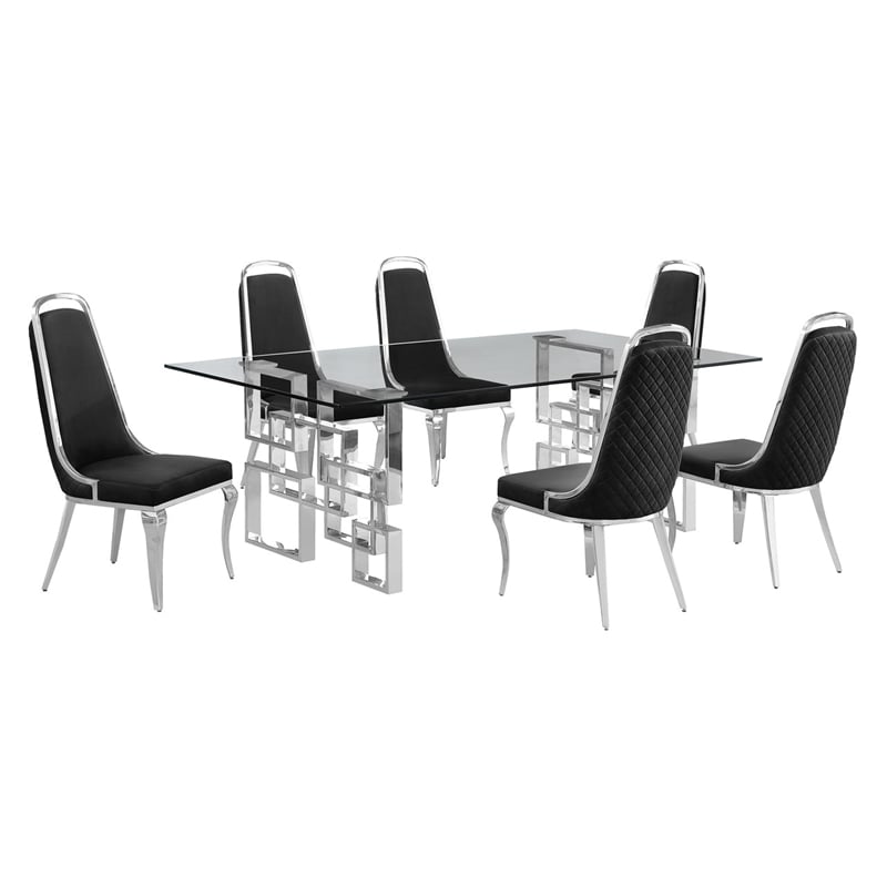 Best Quality Furniture 7pc Tempered Glass Dining Set w Black Velvet Chairs