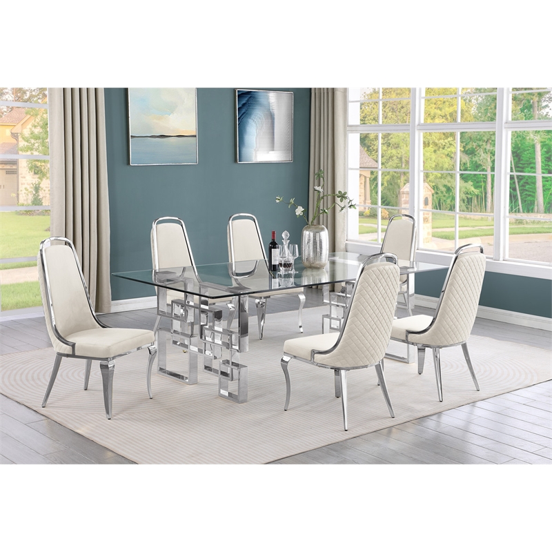 Best Quality Furniture 7pc Tempered Glass Dining Set w Cream Velvet Chairs
