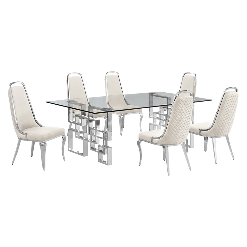 Best Quality Furniture 7pc Tempered Glass Dining Set w Cream Velvet Chairs