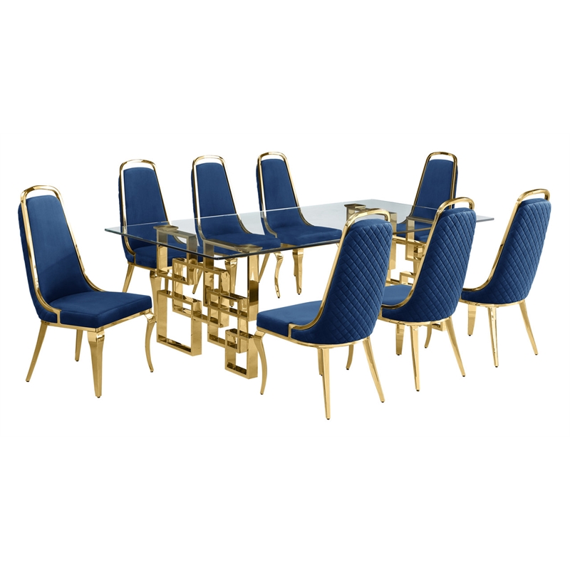 Best Quality Furniture 9pc Tempered Glass Dining Set w Navy Blue Velvet Chairs