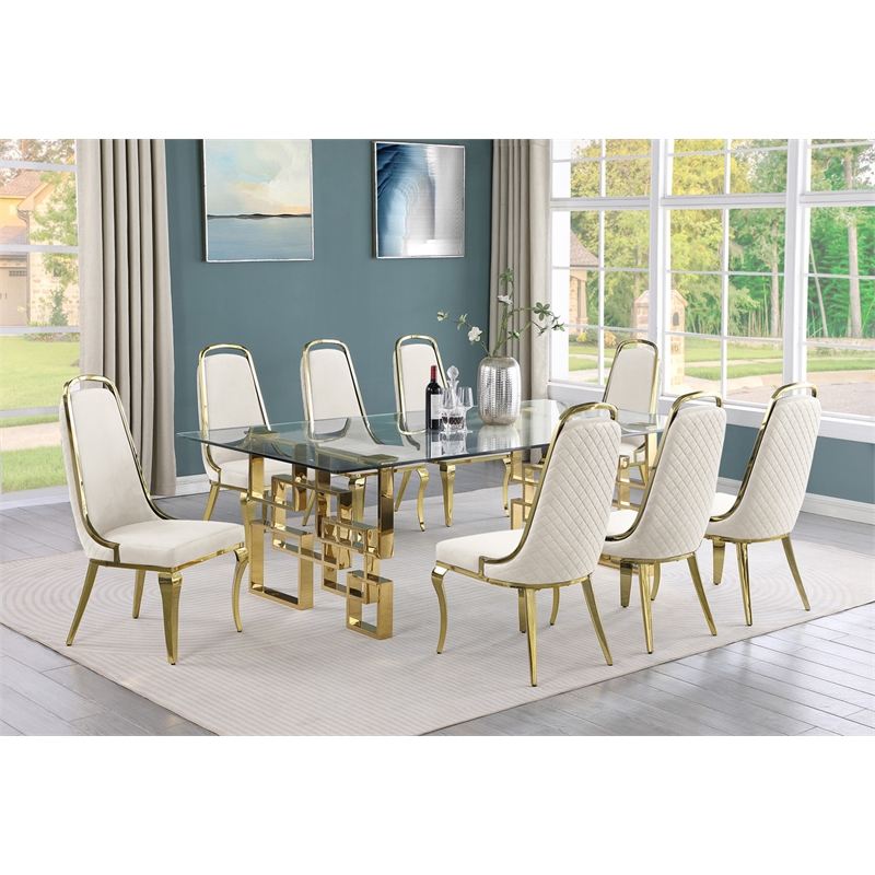 Best Quality Furniture 9pc Tempered Glass Dining Set w Cream Velvet Chairs