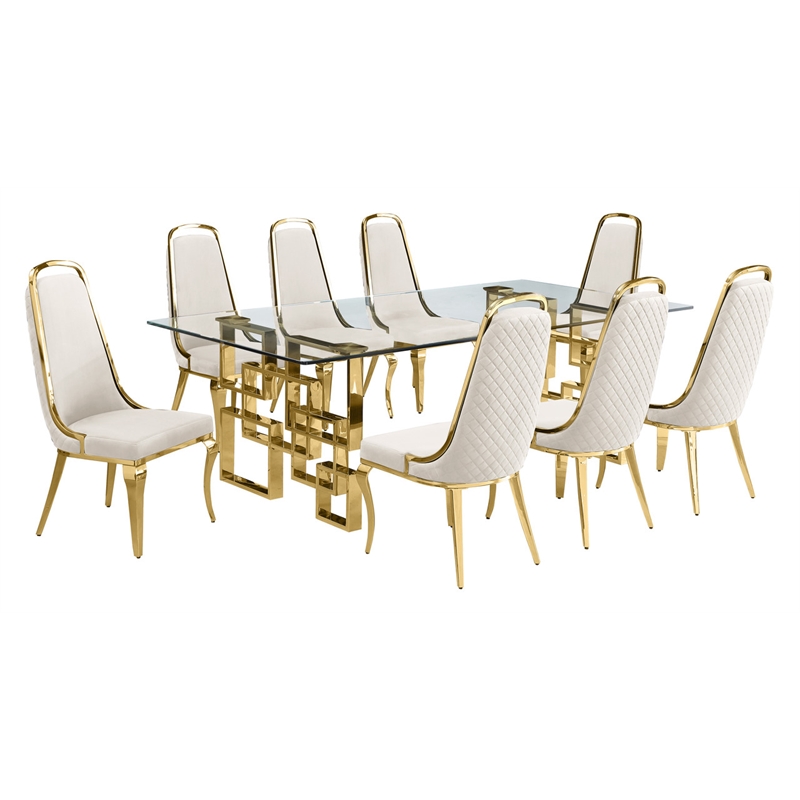 Best Quality Furniture 9pc Tempered Glass Dining Set w Cream Velvet Chairs