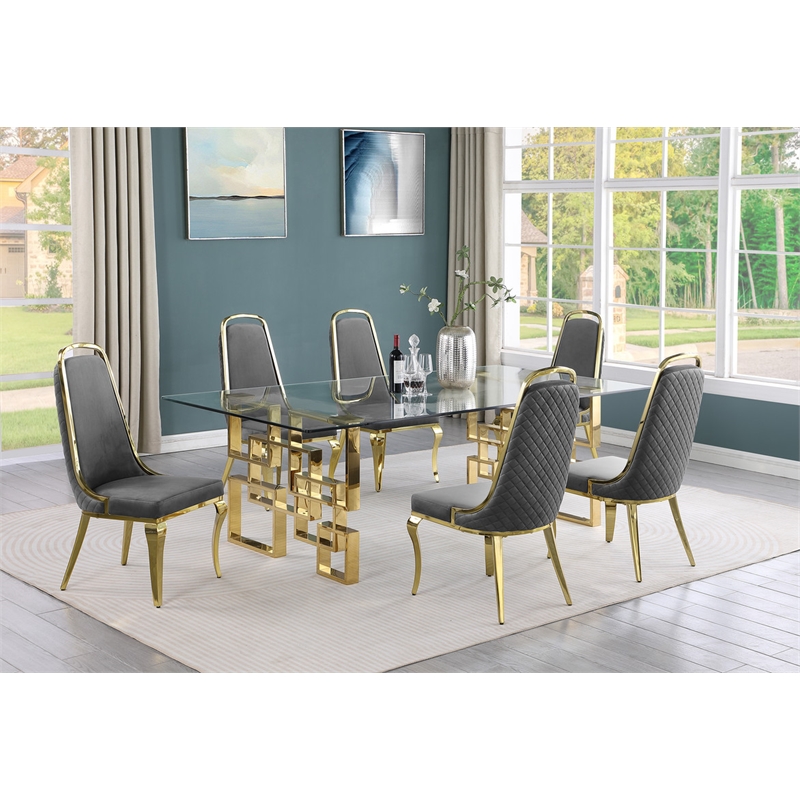 Best Quality Furniture 7pc Tempered Glass Dining Set w Dark Gray Velvet Chairs