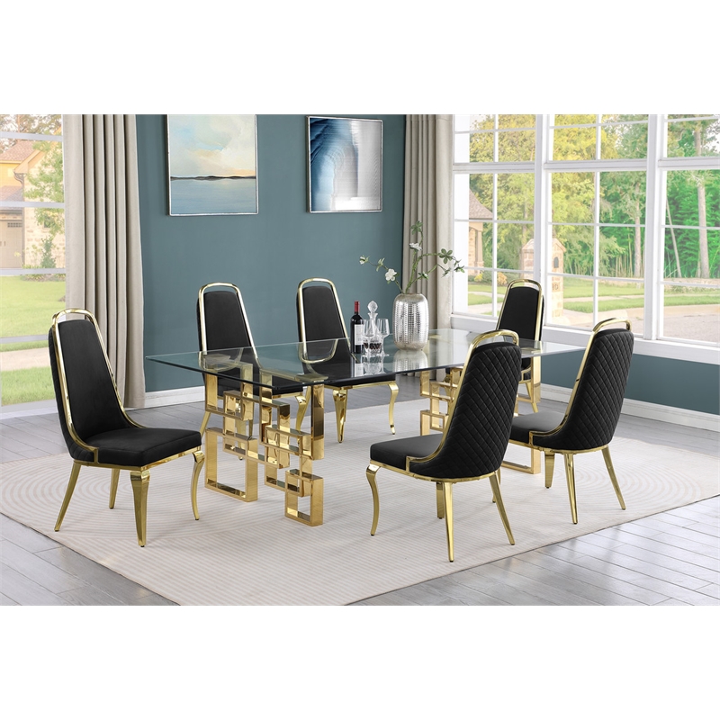 Best Quality Furniture 7pc Tempered Glass Dining Set w Black Velvet Chairs