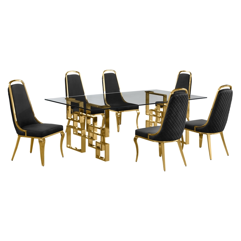 Best Quality Furniture 7pc Tempered Glass Dining Set w Black Velvet Chairs