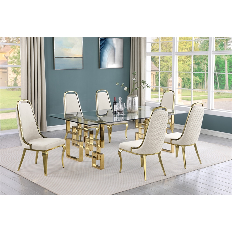 Best Quality Furniture 7pc Tempered Glass Dining Set w Cream Velvet Chairs