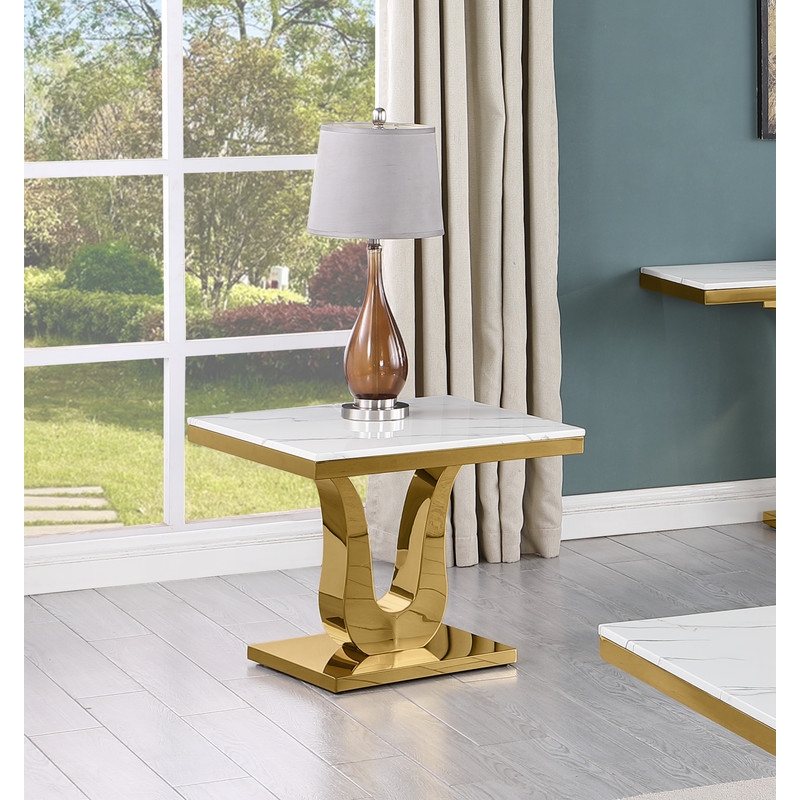 Best Quality Furniture Marble & Stainless Steel Sofa End Table in White/Gold