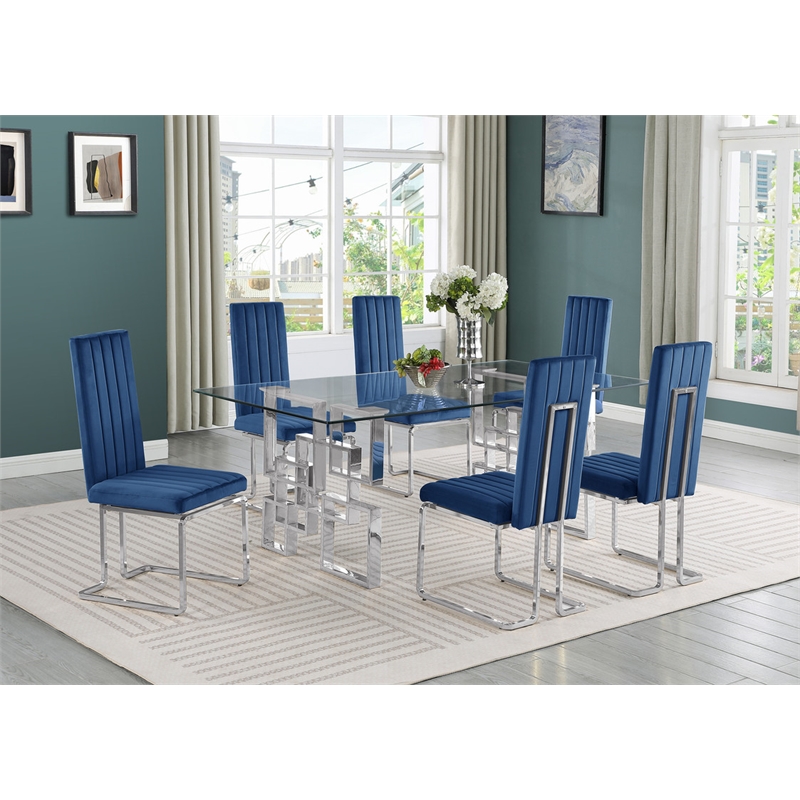 Best Quality Furniture 7-Piece Velvet & Tempered Glass Dining Set in Navy Blue