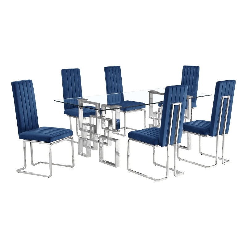 Best Quality Furniture 7-Piece Velvet & Tempered Glass Dining Set in Navy Blue