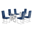 Best Quality Furniture 7-Piece Velvet & Tempered Glass Dining Set in Navy Blue