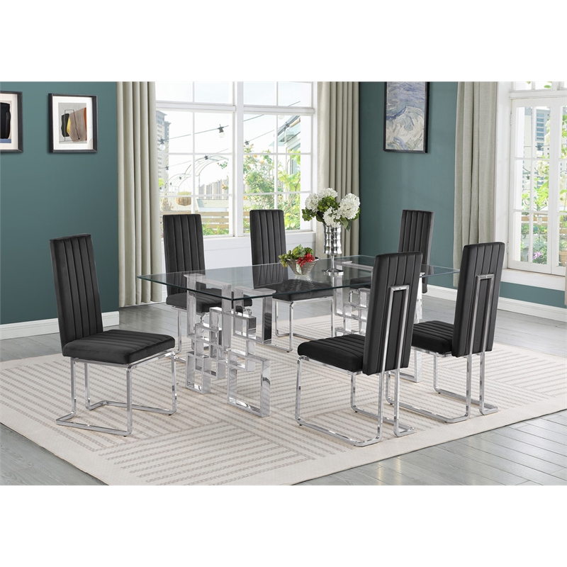 Best Quality Furniture 7-Piece Velvet & Tempered Glass Dining Set in Black