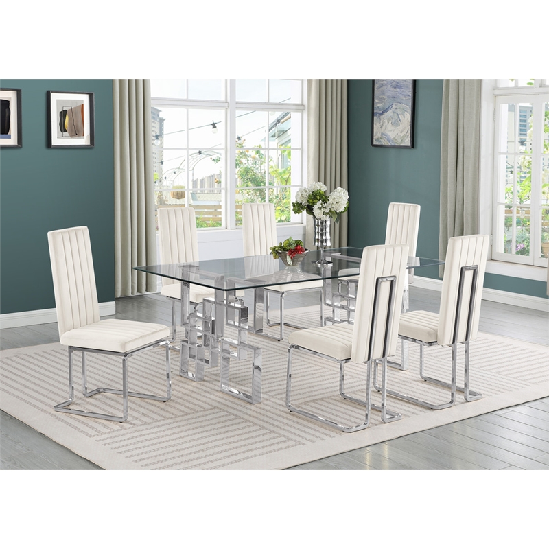 Best Quality Furniture 7-Piece Velvet & Tempered Glass Dining Set in Cream