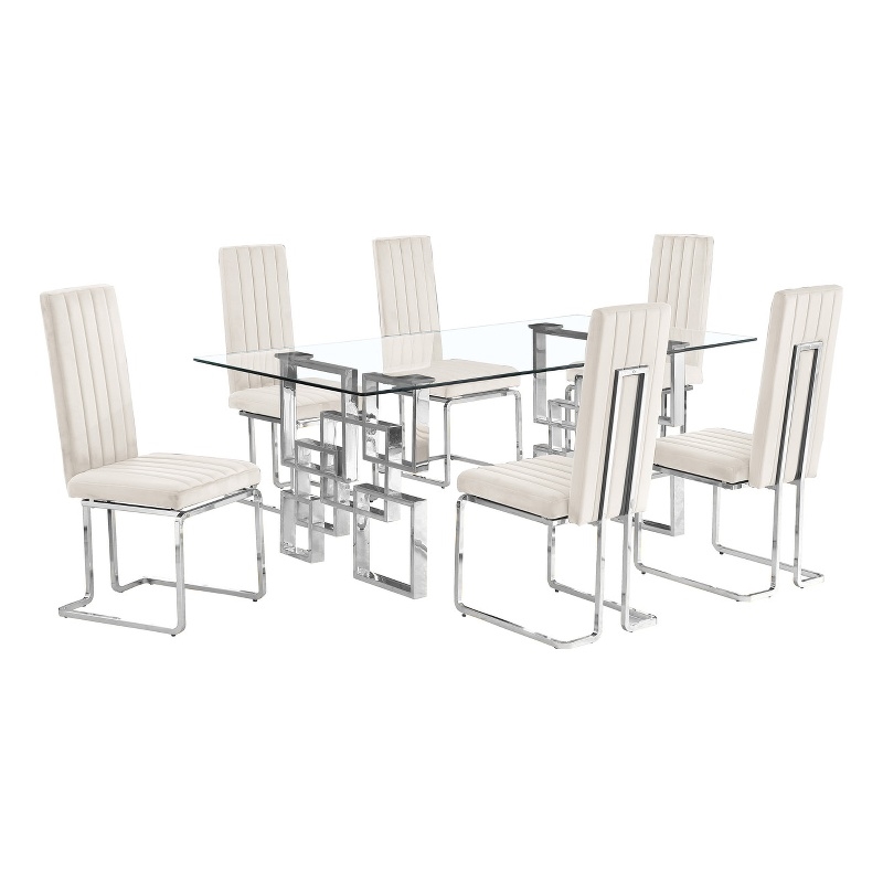 Best Quality Furniture 7-Piece Velvet & Tempered Glass Dining Set in Cream