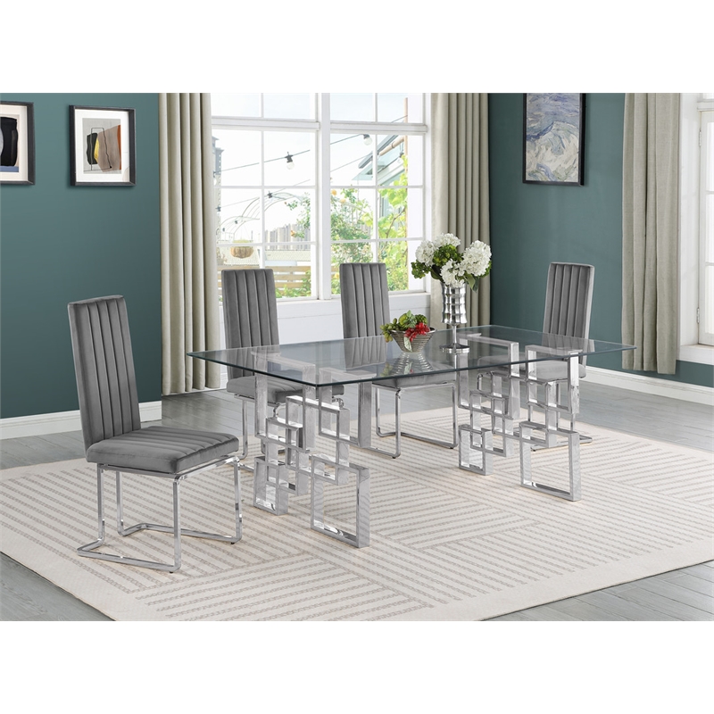 Best Quality Furniture 5-Piece Tempered Glass & Velvet Dining Set in Dark Gray