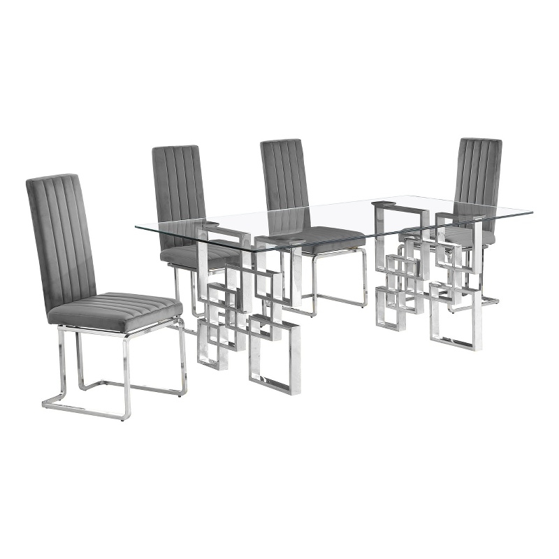 Best Quality Furniture 5-Piece Tempered Glass & Velvet Dining Set in Dark Gray