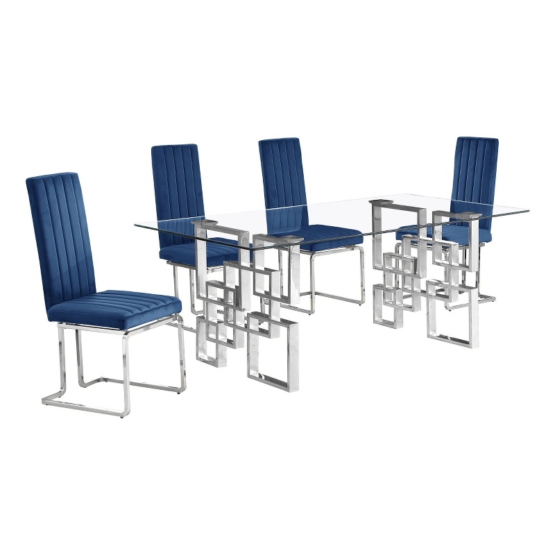 Best Quality Furniture 5-Piece Tempered Glass & Velvet Dining Set in Navy Blue