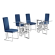 Best Quality Furniture 5-Piece Tempered Glass & Velvet Dining Set in Navy Blue