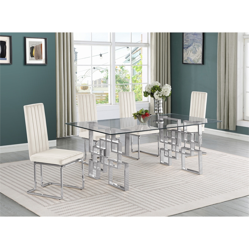 Best Quality Furniture 5-Piece Tempered Glass & Velvet Dining Set in Cream