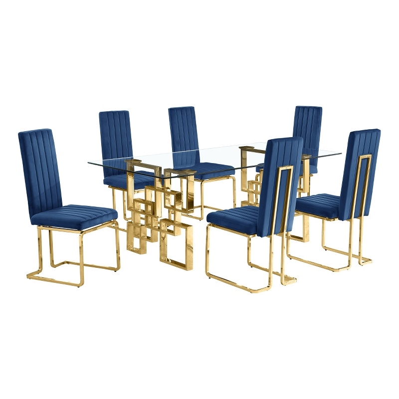 Best Quality Furniture 7-Piece Velvet & Glass Dining Set in Navy Blue and Clear