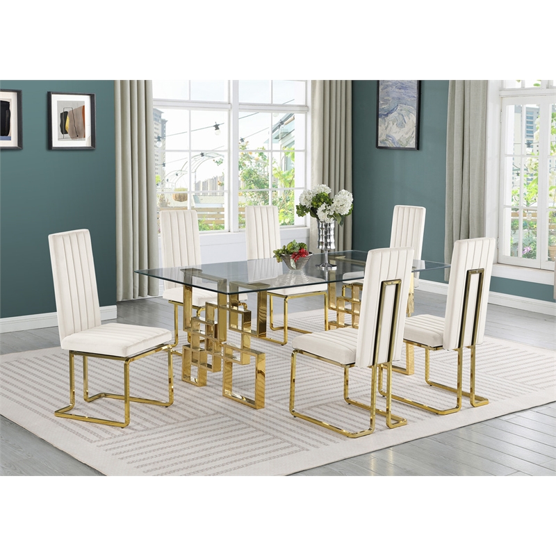 Best Quality Furniture 7-Piece Velvet & Glass Dining Set in Cream and Clear