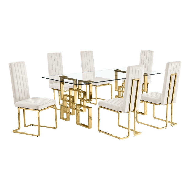 Best Quality Furniture 7-Piece Velvet & Glass Dining Set in Cream and Clear