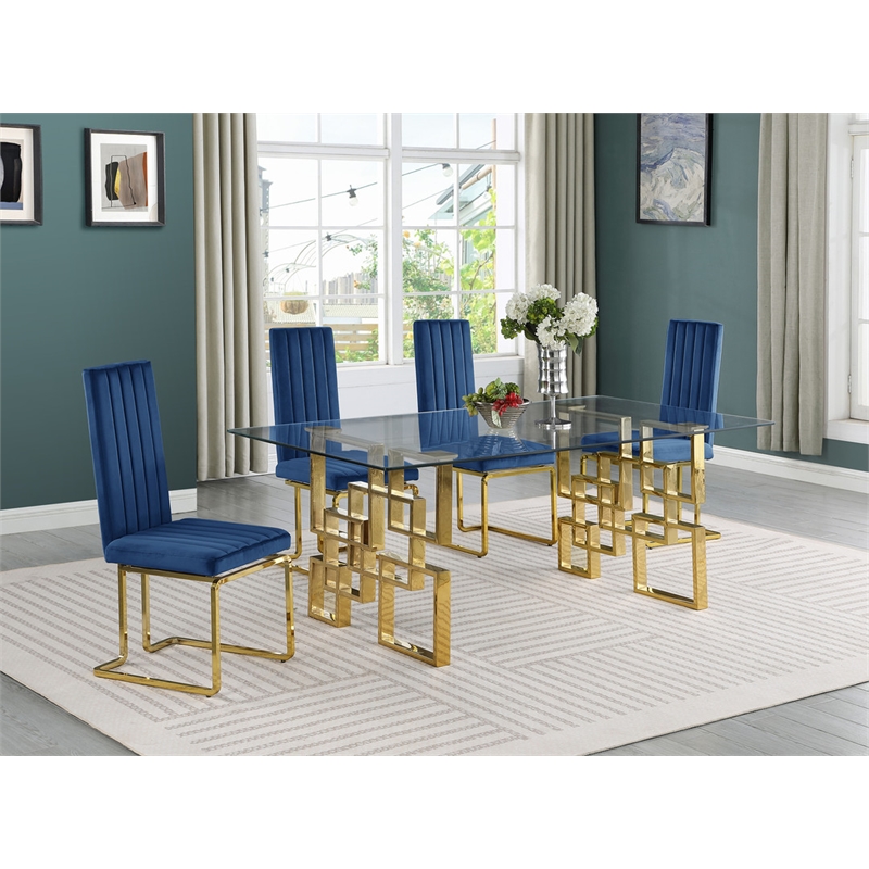 Best Quality Furniture 5-Piece Velvet & Glass Dining Set in Navy Blue and Clear