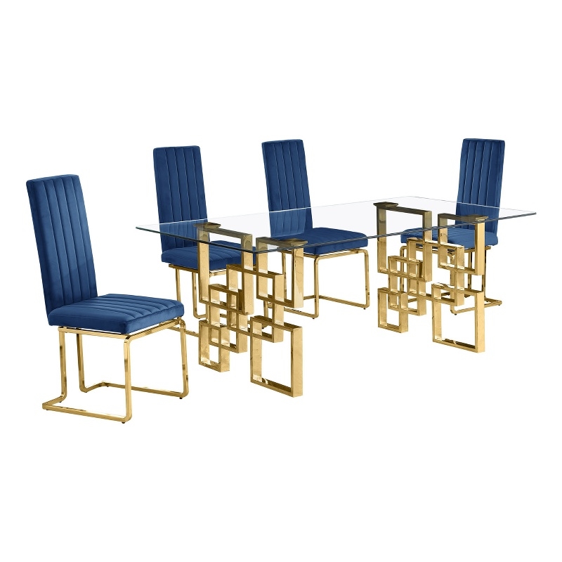 Best Quality Furniture 5-Piece Velvet & Glass Dining Set in Navy Blue and Clear