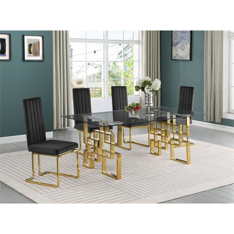 Best Quality Furniture 5-Piece Velvet & Glass Dining Set in Black and Clear