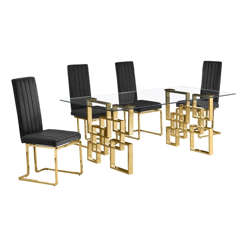 Best Quality Furniture 5-Piece Velvet & Glass Dining Set in Black and Clear