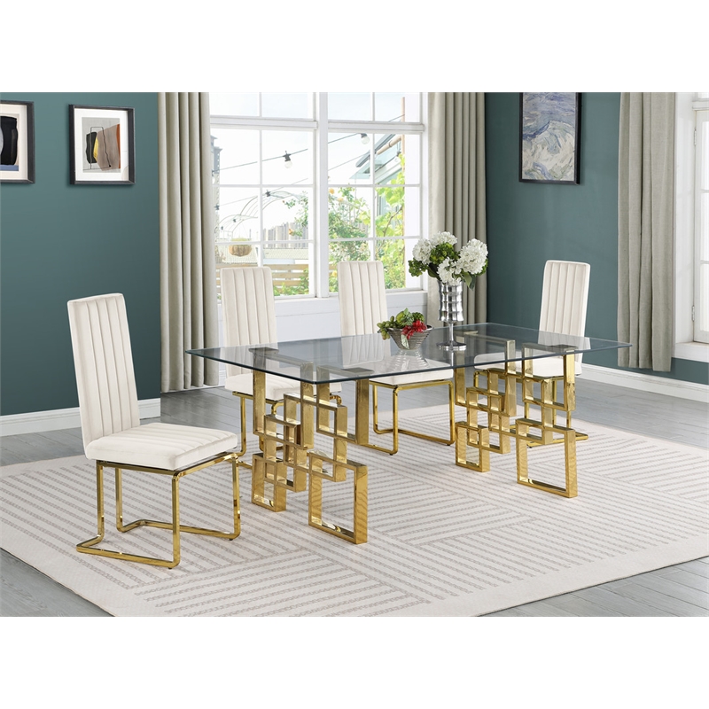 Best Quality Furniture 5-Piece Velvet & Glass Dining Set in Cream and Clear