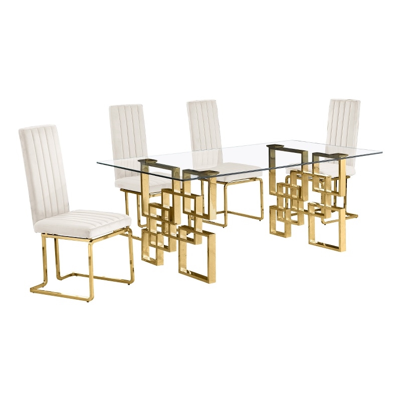 Best Quality Furniture 5-Piece Velvet & Glass Dining Set in Cream and Clear