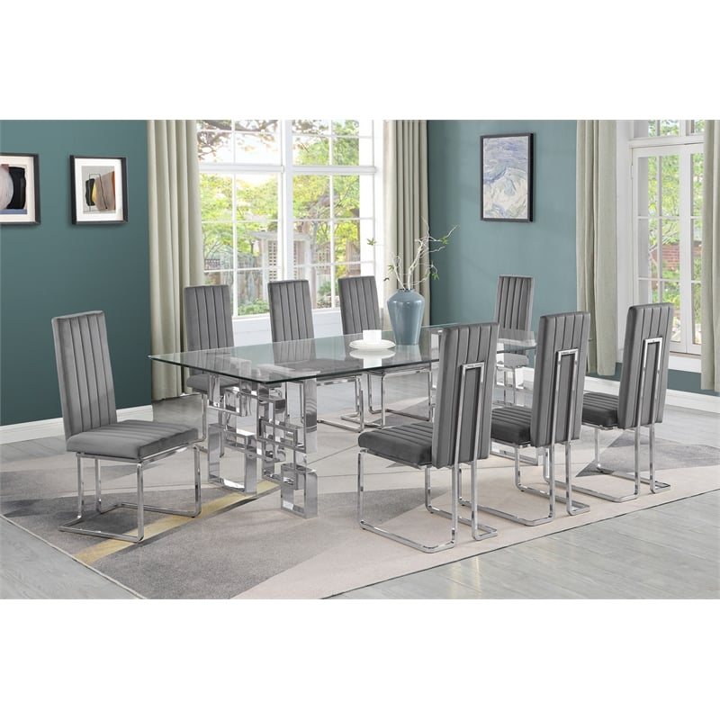 Best Quality Furniture 9-Piece Velvet & Tempered Glass Dining Set in Dark Gray