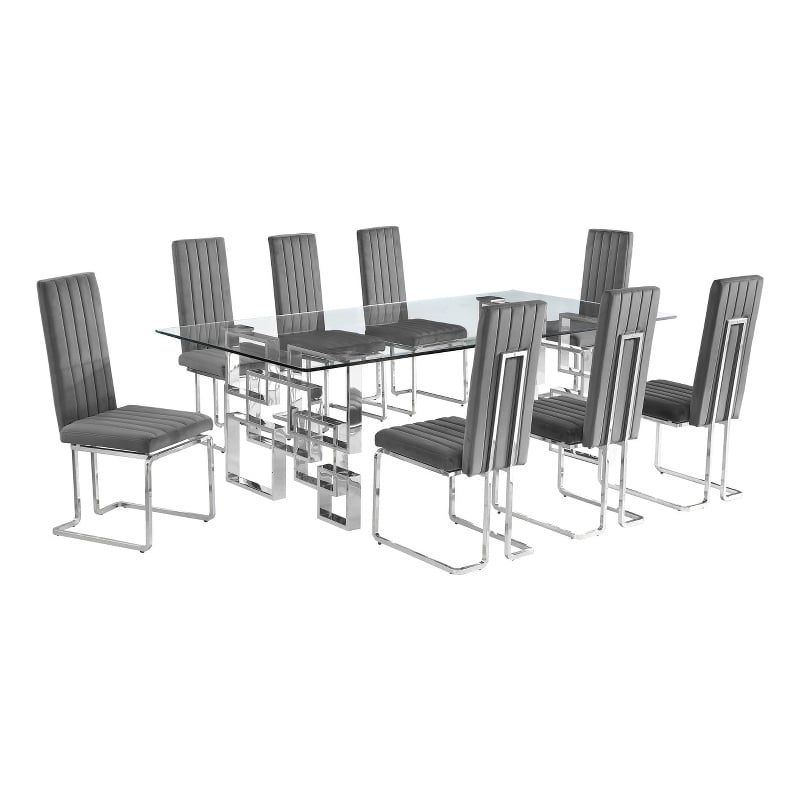 Best Quality Furniture 9-Piece Velvet & Tempered Glass Dining Set in Dark Gray