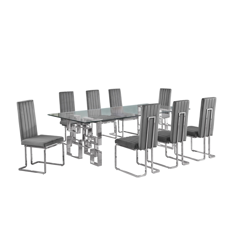 Best Quality Furniture 9-Piece Velvet & Tempered Glass Dining Set in Navy Blue