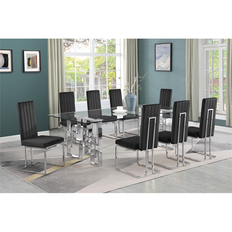 Best Quality Furniture 9-Piece Velvet & Tempered Glass Dining Set in Black