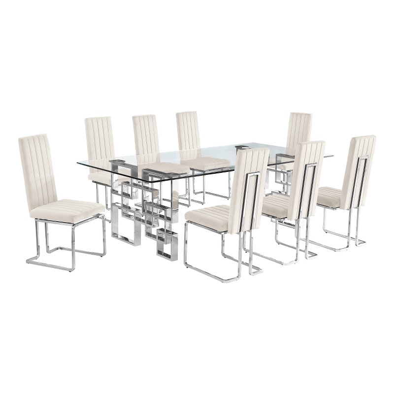 Best Quality Furniture 9-Piece Velvet & Tempered Glass Dining Set in Cream