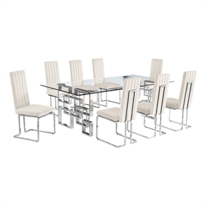 Best Quality Furniture 9-Piece Velvet & Tempered Glass Dining Set in Cream