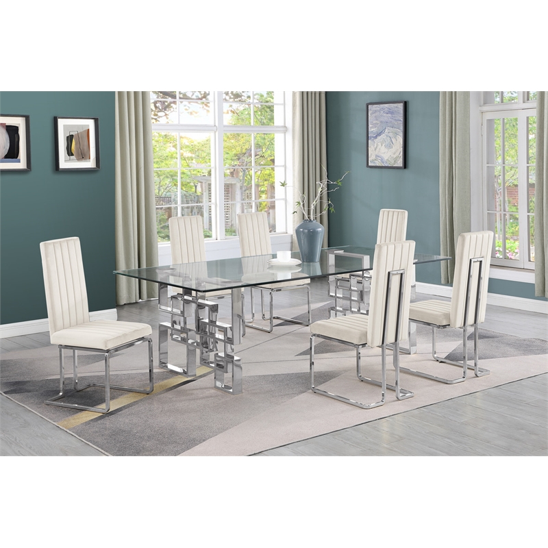 Best Quality Furniture 7-Piece Upholstered Velvet Dining Set in Cream