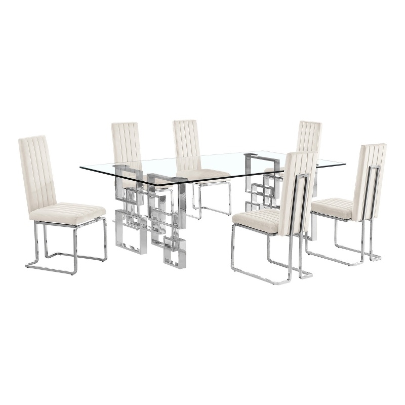 Best Quality Furniture 7-Piece Upholstered Velvet Dining Set in Cream