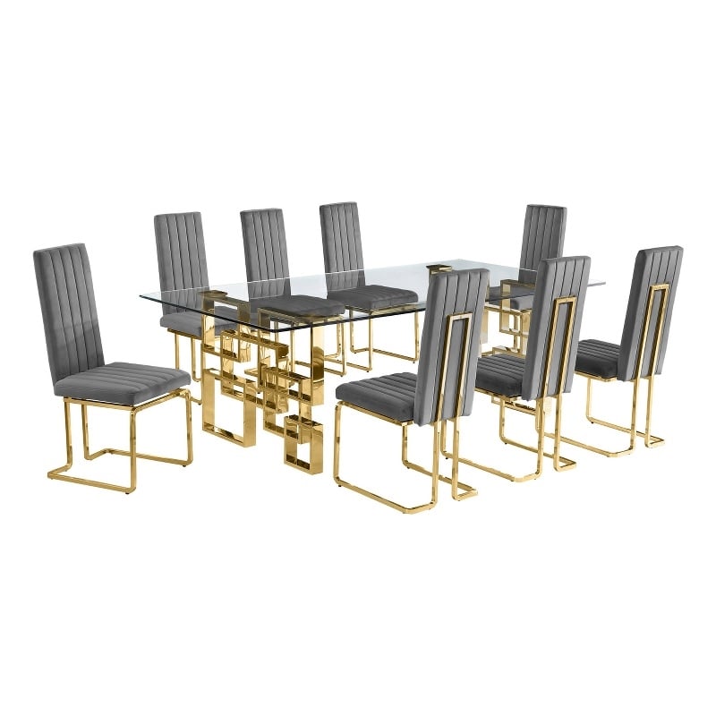 Best Quality Furniture 9-Piece Velvet & Tempered Glass Dining Set in Gray/Clear