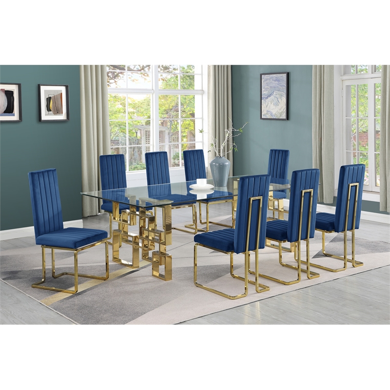 Best Quality Furniture 9-Piece Velvet & Tempered Glass Dining Set in Navy/Clear