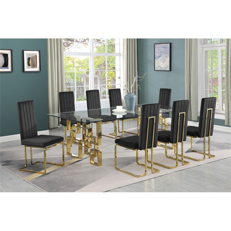 Best Quality Furniture 9-Piece Velvet & Tempered Glass Dining Set in Black/Clear