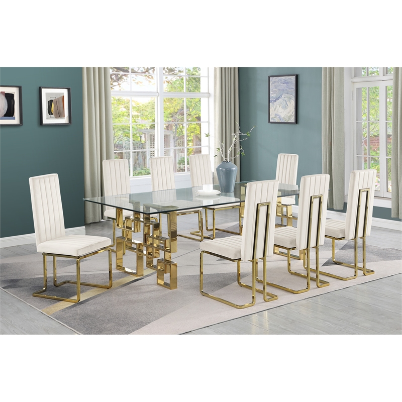 Best Quality Furniture 9-Piece Velvet & Tempered Glass Dining Set in Cream/Clear