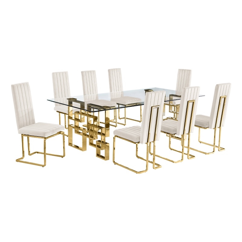 Best Quality Furniture 9-Piece Velvet & Tempered Glass Dining Set in Cream/Clear