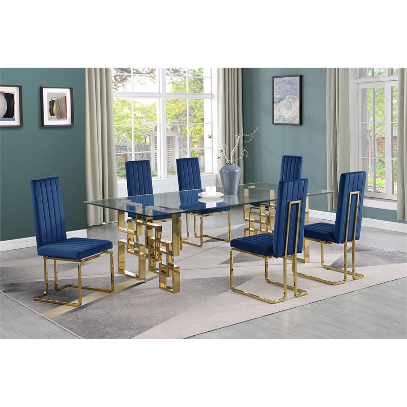 Best Quality Furniture 7-Piece Velvet & Stainless Steel Dining Set in Navy/Gold