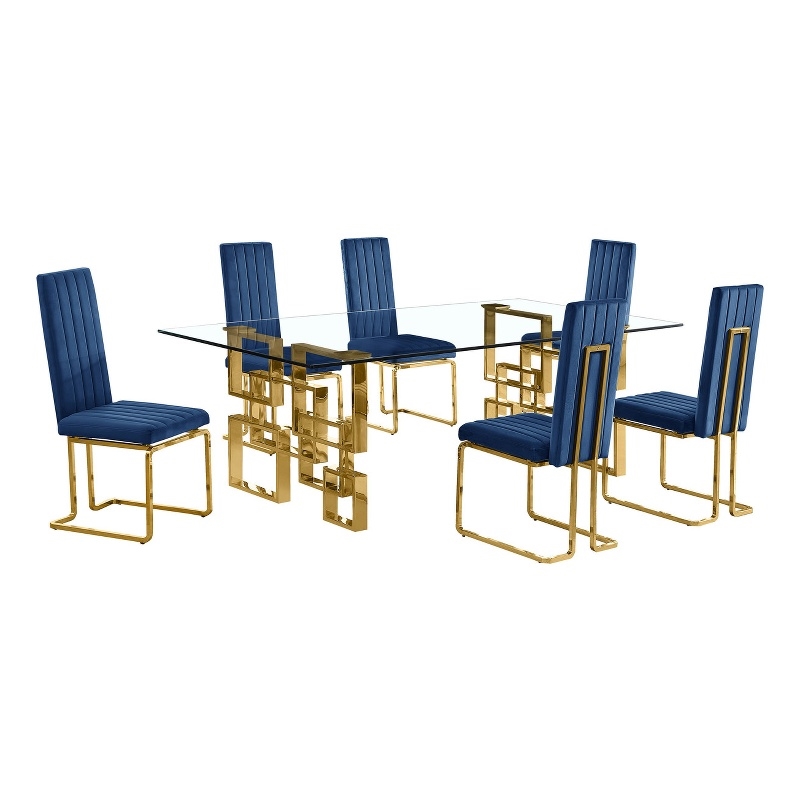 Best Quality Furniture 7-Piece Velvet & Stainless Steel Dining Set in Navy/Gold