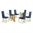 Best Quality Furniture 7-Piece Velvet & Stainless Steel Dining Set in Navy/Gold