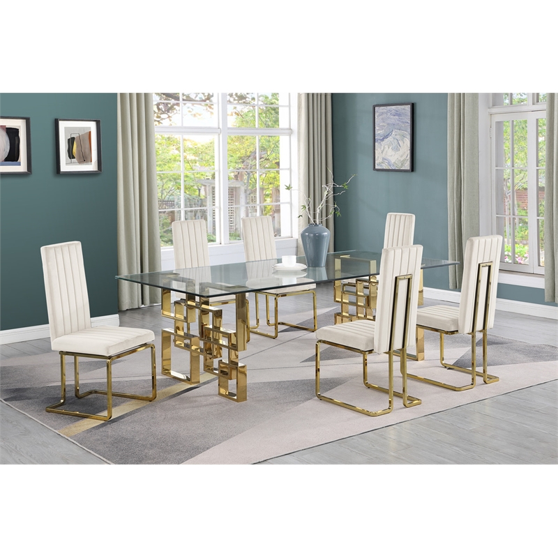 Best Quality Furniture 7-Piece Velvet & Stainless Steel Dining Set in Cream/Gold