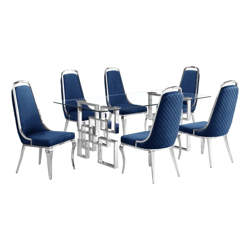 Best Quality Furniture 7-Piece Tempered Glass & Velvet Dining Set in Navy Blue