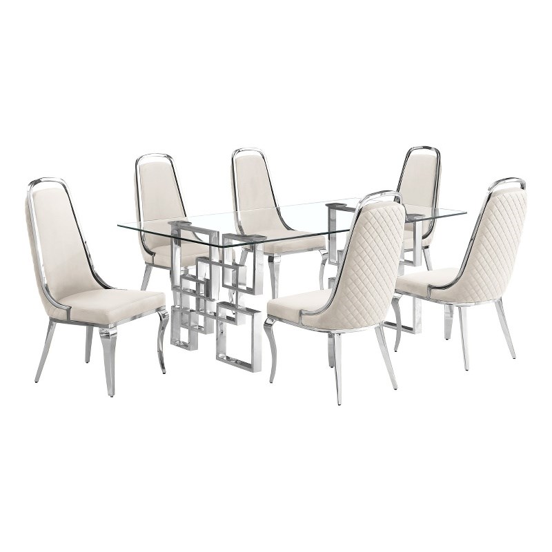 Best Quality Furniture 7-Piece Tempered Glass & Velvet Dining Set in Cream